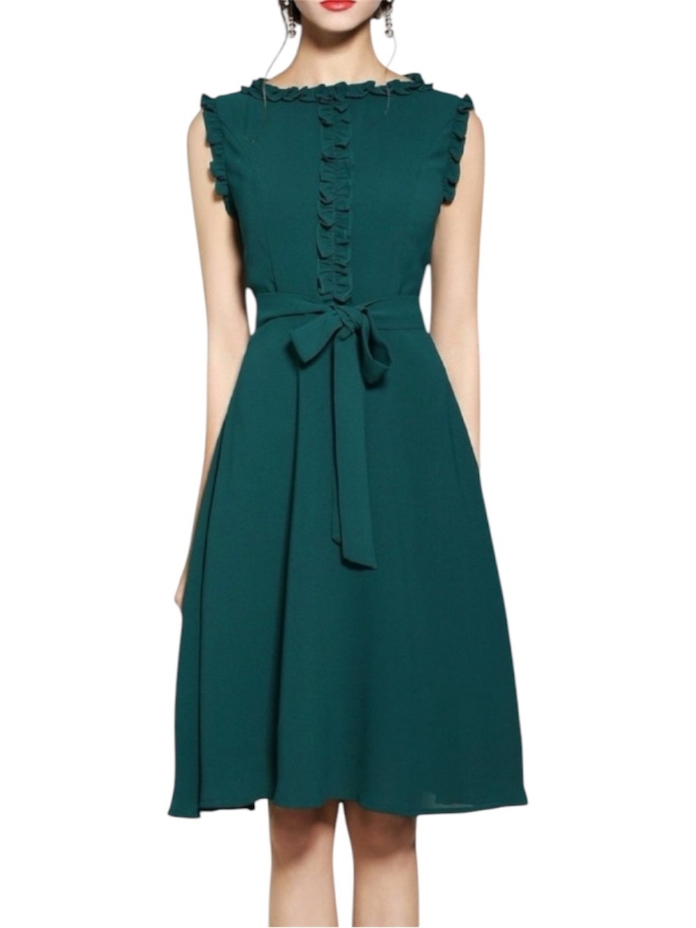 Riwins Sleeveless High-Neck A-Line Ruffle Dress with Matching Ribbon Waist Tie